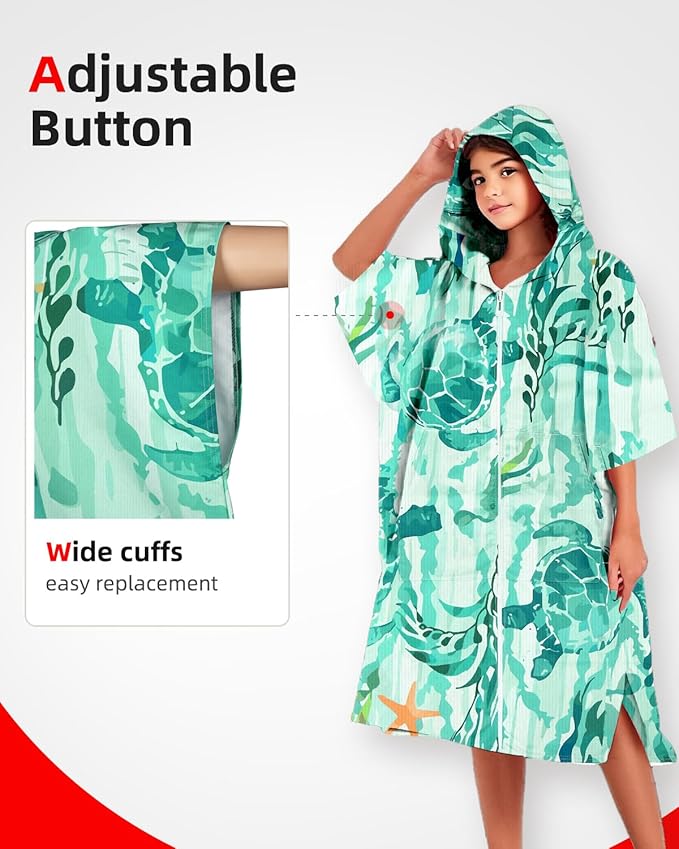 Abahub Surf Poncho Women & Men Towel Poncho Adult with Hood, Thick Quick Dry Changing Poncho Towel, Microfiber Wearable Cover Up for Surfing Beach Swim - Absorbent Changing Towel S (Green Turtle)