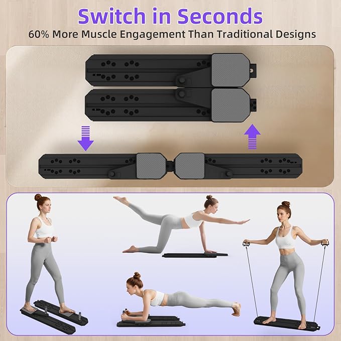 Pilates Board for Home Workout, Pilates Reformer Set for Core, Strength and Balance Training, Multi-Purpose Protable Pilates Reformer Machine for Women and Men