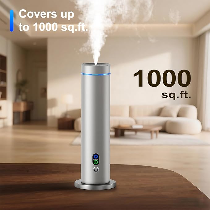 Waterless Diffuser, 1000 Sq.Ft Coverage, Essential Oil Diffuser with Tilt-Safe, Remote Control, Adjustable Mist Mode, Mood Lights Aromatherapy Diffuser for Home, Large Room, Office, Hotel, Silver