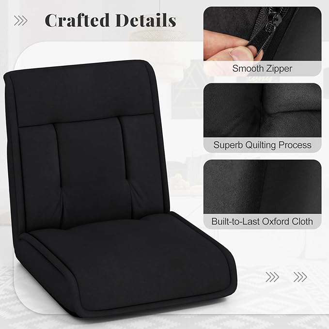COSTWAY Folding Floor Chair, Convertible Lazy Sofa with 14-Poistion Adjustable Backrest, 5-Position Adjustable Headrest, Cushioned Floor Gaming Chair for Adults, Reading, Meditating (Black)