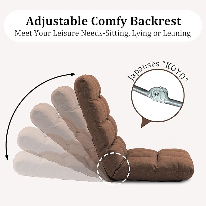 Folding Floor Chair with Back Support, 14 Adjustable Positions, Breathable Padded Sleeper Bed, Couch Recliner, Gaming Sofa Chair for Adults & Kids, Perfect for Meditating, Reading, Living Room (Brown)