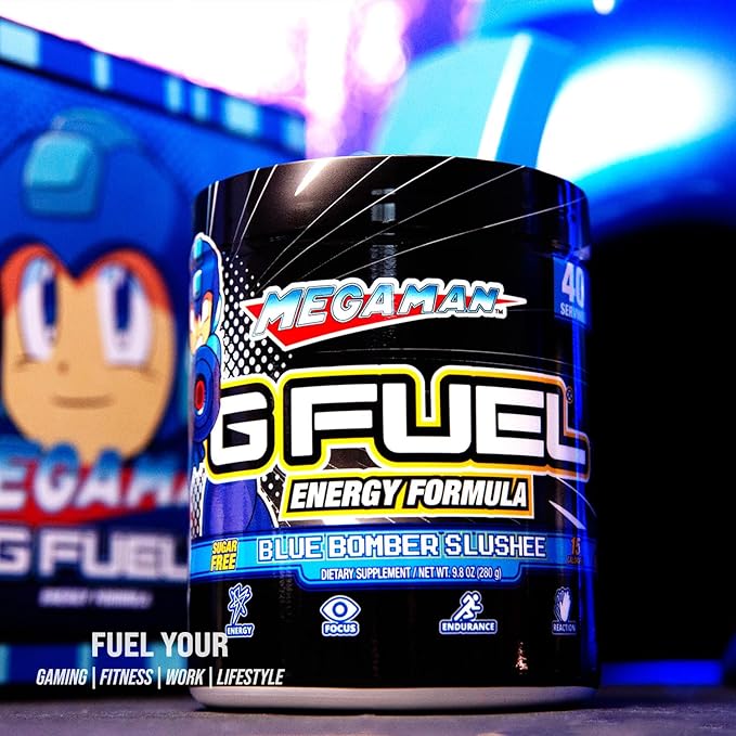 G Fuel Megaman Energy Drink Powder, Pre Workout Caffeine Mix for Gaming, Sugar Free Focus Amino, Vitamin + Antioxidants, 9.9oz (Blue Slushee, 40 Servings)