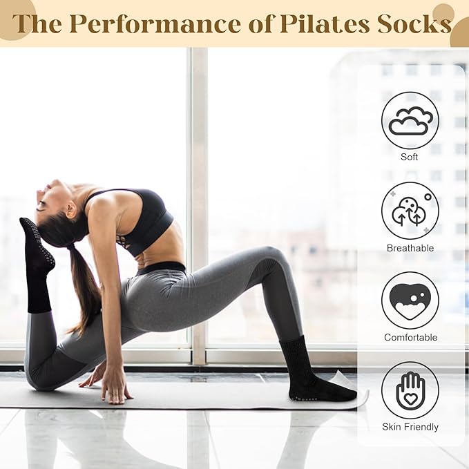 Justay 6 Pairs Pilates Socks with Grips for Women Soft Non Slip Crew Cotton Athletic Workout Barre Hospital Yoga Socks