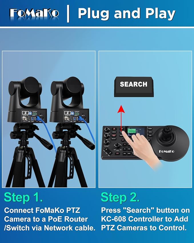 FoMaKo NDI PTZ Camera (NDI 6 & NDI HX3 Certified), AI Auto-Tracking Gen 3, 20X Optical Zoom PoE HDMI PTZ Camera for Church Worship, PTZ Controller, (PTZ Bundle KN20Ax2+KC608) BN202