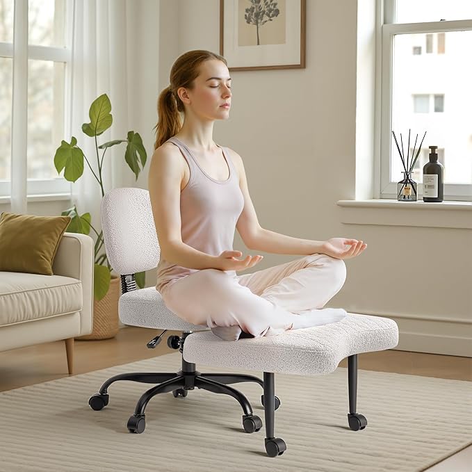 Furmax Ergonomic Criss Cross Legged Office Chair with Wheels, 360°Swivel Adjustable Height Kneeling Desk Chair with Footrest for ADHD, Yoga, Meditation, Home Office (Teddy Fabric, White)