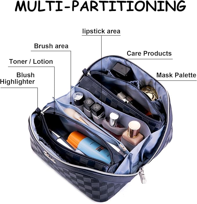 BOYATU Travel Makeup Bag Organizer Cosmetic Bag: 3 Pcs Set Make up Bags for Women with Handle - Waterproof Vegan Leather Toiletry Bags Travel Essentials Pouch with Compartments (C-12-Dark Blue)