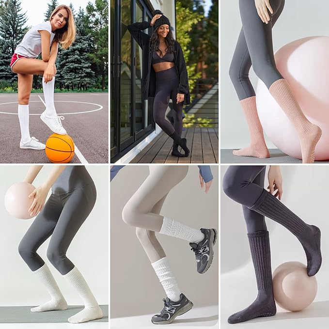 COOVAN Grip Pilates Socks for Women 3 Pairs Yoga Slouch Crew Long Scrunch Slipper Socks for Barre Ballet Dance Hospital