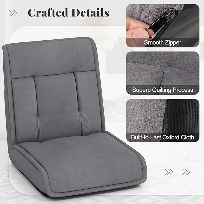 COSTWAY Folding Floor Chair, Convertible Lazy Sofa Chair with 14-Poistion Adjustable Backrest, 5-Position Adjustable Headrest, Cushioned Floor Gaming Chair for Adults, Reading, Meditating (Grey)