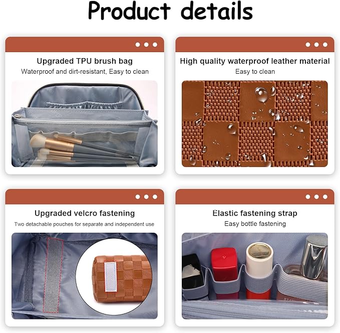 BOYATU Travel Makeup Bag Organizer Cosmetic Bag: 3 Pcs Set Make up Bags for Women with Handle - Waterproof Vegan Leather Toiletry Bags Travel Essentials Pouch with Compartments (C-10-tan)