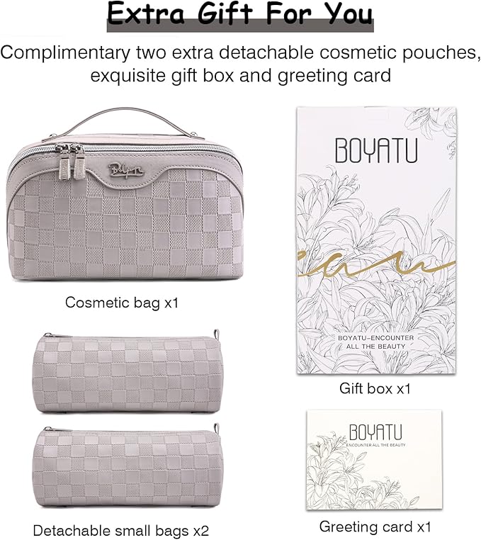 BOYATU Travel Makeup Bag Organizer Cosmetic Bag: 3 Pcs Set Make up Bags for Women with Handle - Waterproof Vegan Leather Toiletry Bags Travel Essentials Pouch with Compartments (C-13-Gray)