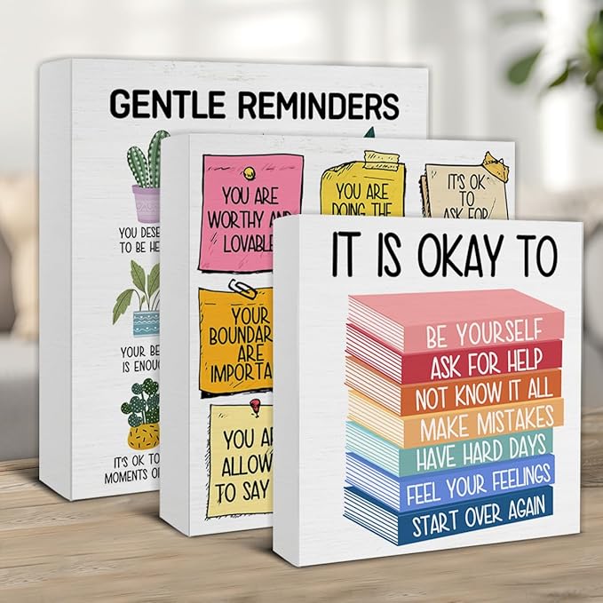 3 Pcs Mental Health Wood Signs Decor Psychology Wood Block Signs Gentle Reminders Note to Self It Is Okay to Be Yourself Wooden Box Signs Classroom Therapy Office Decorations