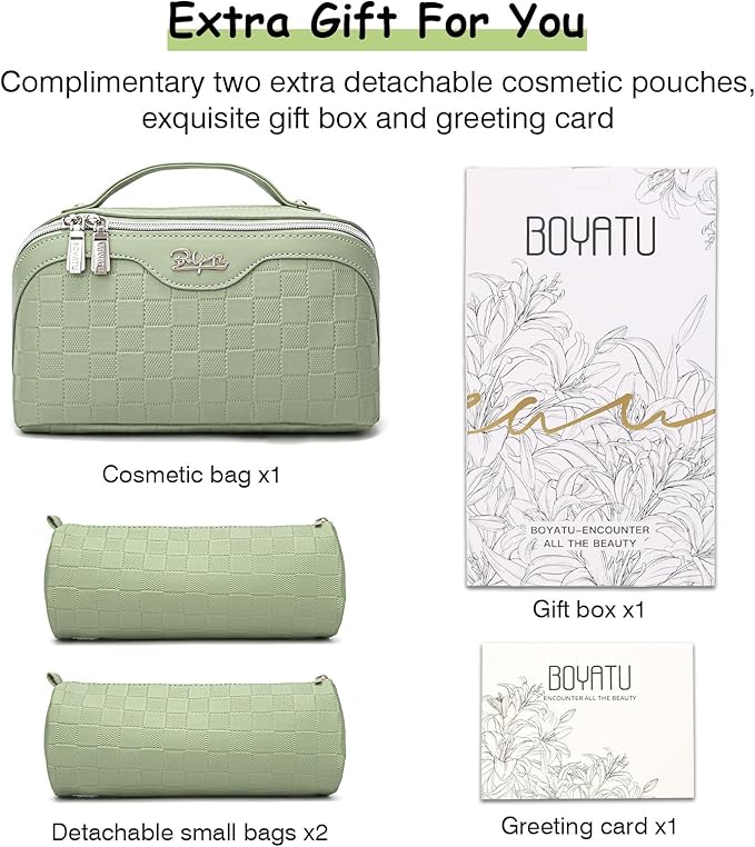 BOYATU Travel Makeup Bag Organizer Cosmetic Bag: 3 Pcs Set Make up Bags for Women with Handle - Waterproof Vegan Leather Toiletry Bags Travel Essentials Pouch with Compartments (C-06-Green)
