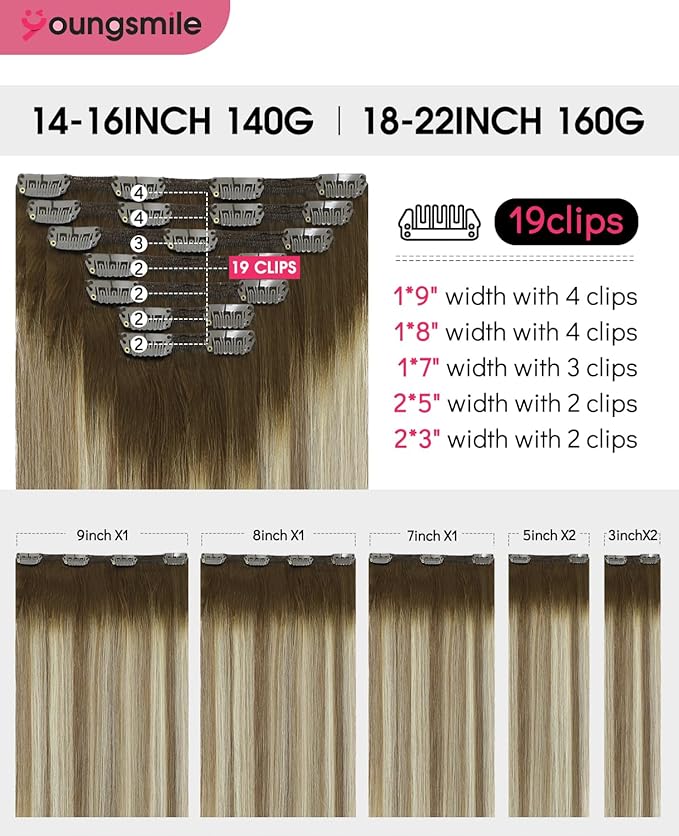 Youngsmile Clip in Hair Extensions Human Hair 22inch 7pcs 160g Balayage Color 3 Brown Fading to 8 Ash Brown Highlight with 22 Medium Blonde Human Hair Extensions Clip in (7C#3/8/22-22Inch)