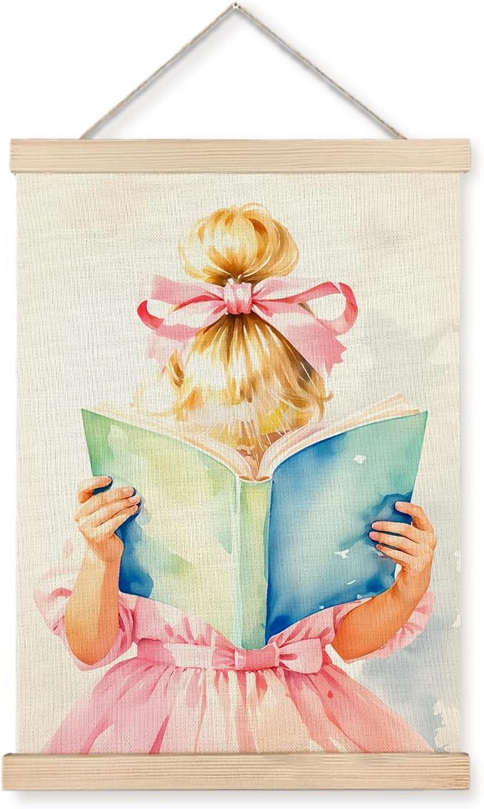 JINYO Pink Bow Dress Girl Reading Book Wall Art Poster, Coquette Girly Room Decor, Reading Nook Corner Decor, Pink Bookish Wall Art for Girls Room Dorm Library Reading Room Classroom, 12x16 Inches