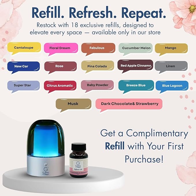 G's Breeze Smart Aroma Diffuser with 60ml Dark Chocolate & Strawberry Refill – Wi-Fi & Bluetooth Control, LED Light, Adjustable Intensity, Long-Lasting Sweet Fruity Gourmand Scent for Home or Office