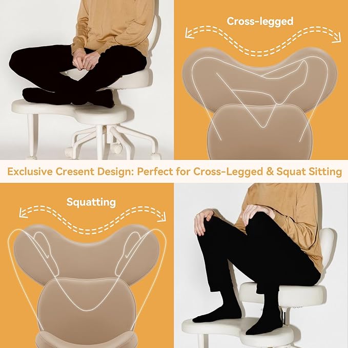 Meditation Cross Legged Chair PRO, ADHD Chair with Height Adjustable Backrest, Criss Cross Desk Use with Footrest and Wheels for Home Office, Flexible Design for Fidgety Sitters, Tan