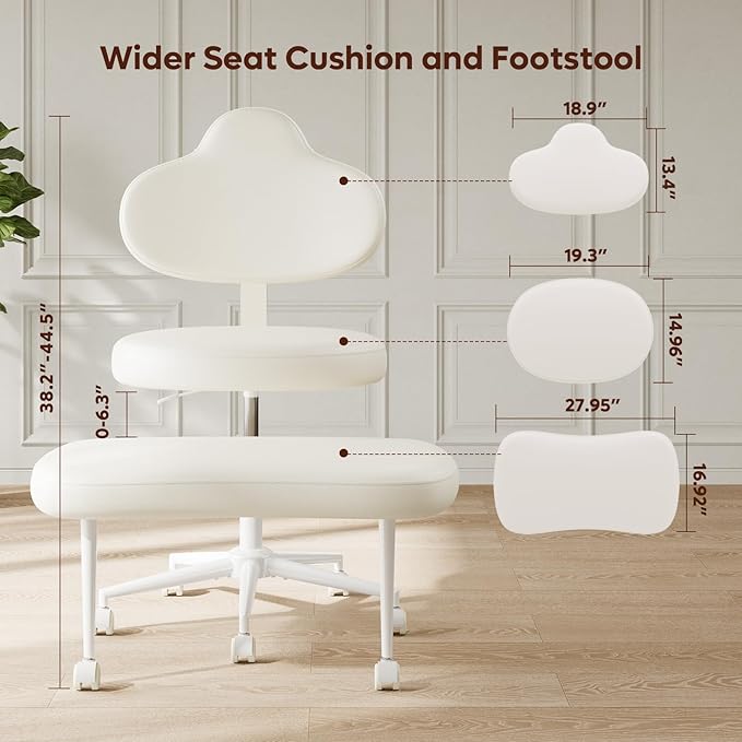 Cross Legged Office Chair with Wheels, Meditation Chair, ADHD Chair for Adults, Wider Height Adjustable Backrest and Seat, Yoga Office Chair, PU Leather, Beige