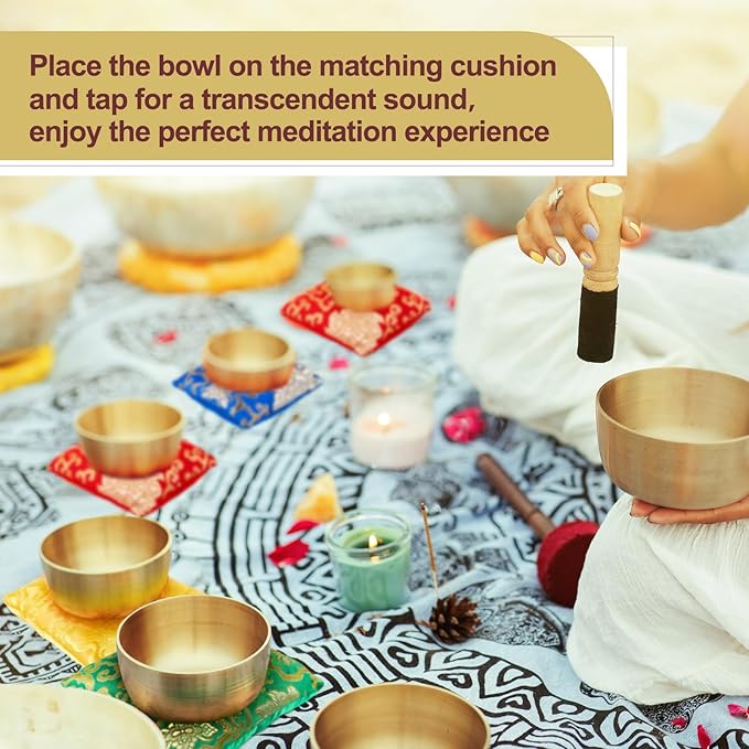 5 Pcs Singing Bowl Cushion Set 4 Tibetan Satin Singing Bowl Cushion with Wood Mallet for 4-8 Inch Tibetan Sound Bowls Meditation Accessories(Sound Bowls Not Included)