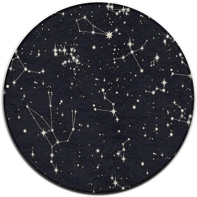 Large Home Decor Mat, Soft Round Yoga Carpet, Non-Slip Machine Washable Kitchen Office Circle Rug Compatible with Zodiac Constellation Galaxy Black Starry Night Stars Glow Dark Midnight
