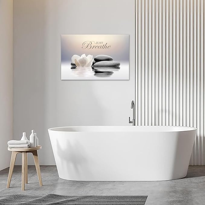 Zen Stone Canvas Wall Art Just Breathe Yoga Quotes Poster for Spa Decor White Lotus Flower Pictures Prints for Bathroom Modern Spiritual Artwork Framed (28 x 44inches)