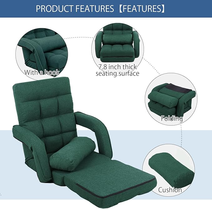 FLOGUOR 14-Position Adjustable Floor Chair, Chaise Lounge Indoor, Folding Lazy Sofa with Armrests and a Pillow Padded Adults Gaming Chairs for Living Room, Bedroom Factory Price, 8803XM (Green)