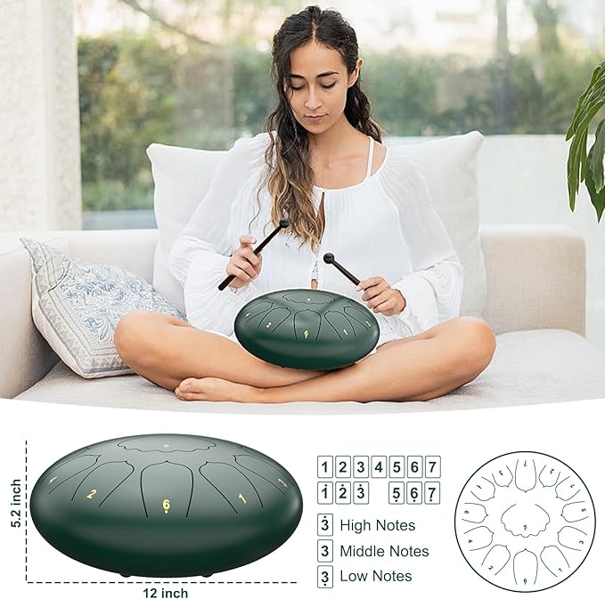 D Major Steel Tongue Drum Handpan, 12 Inch 13 Note Large Rain Drum for Outside Garden, Meditation Rain Chime, Musical Percussion Instrument for Adult Gift with Bag, Music Book, Drum Mallets (Green)