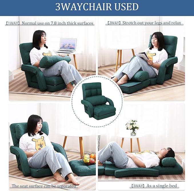 FLOGUOR 14-Position Adjustable Floor Chair, Chaise Lounge Indoor, Folding Lazy Sofa with Armrests and a Pillow Padded Adults Gaming Chairs for Living Room, Bedroom Factory Price, 8803XM (Green)