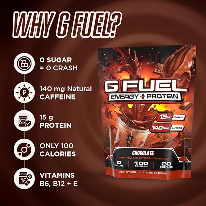 G Fuel Protein + Energy Drink Powder, Pre Workout Caffeine Mix for Gaming, Sugar Free Focus Amino, Vitamin + Antioxidants, 19oz (Chocolate, 20 Servings)