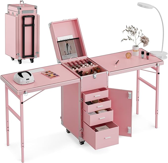 Icoget Portable Nail Table Desk, Foldable Rolling Manicure Table with Wheel, Makeup Train Case for Nail Teach, 2 Desktop Cosmetic Trolley Case, Pink