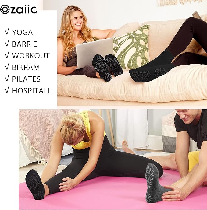 Ozaiic Non Slip Socks Grip for Yoga Home Workout Pure Barre, Pilates, Hospital, Ideal Cushion Socks for Men and Women