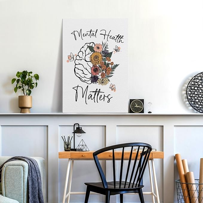 APJYM Mental Health Matters Flower Brain Canvas Wall Art - Therapist Office Decor, School Counselor Posters - 16x24 Inches