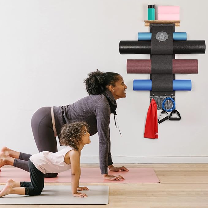 VINAEMO Yoga Mat Holder Accessories Wall Mount Organizer Storage Decor Foam Roller and Towel Storage Rack with 4 Hooks and Wooden Shelves Yoga Mats Rack Resistance Bands for Home Gym School Office