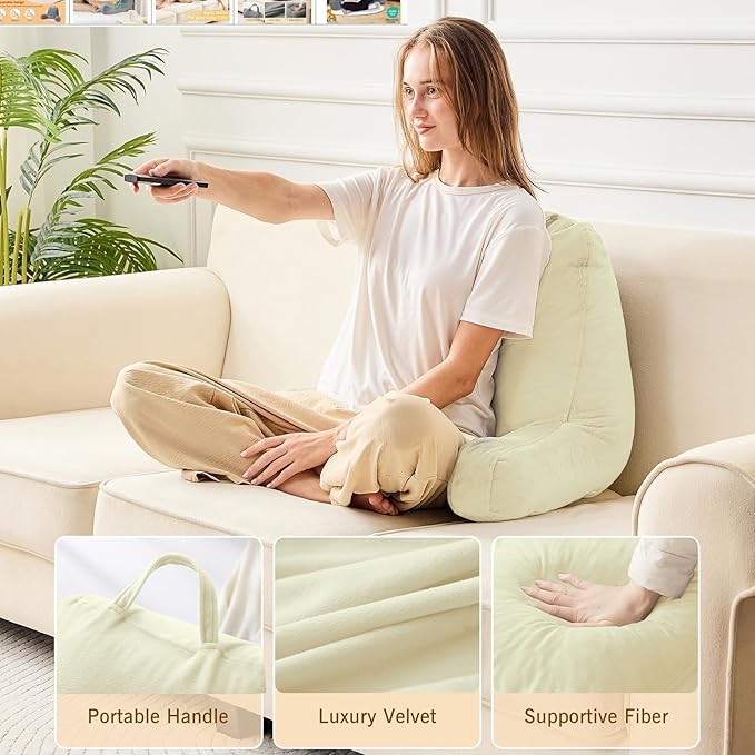 Sasttie Reading Pillow, Velvet Back Pillow for Bed Sitting Up, Adult Back-Rest Support Cushion with Arms for Sit Up on Couch, Sofa, and Floor, Dorm Essentials, Reading Accessories, Cream