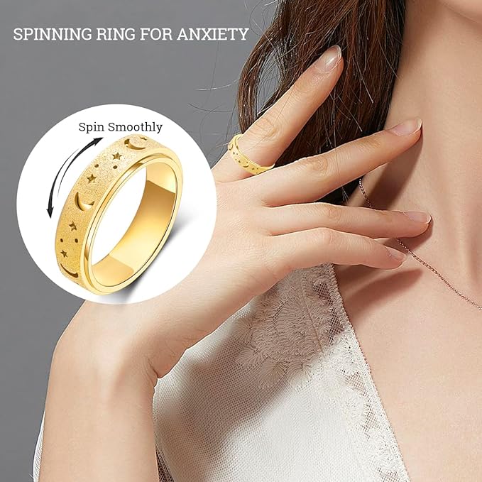 OreilleStar Anxiety Ring for Women Fidget Ring Spinner Rings Stainless Steel Moon Star Fidgit Ring for Women Gold Plated Size 6