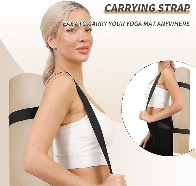 Yoga Mat with Strap,Non-Skid Workout Mat,8mm Thick Yoga Mat,POE Yoga Mats for Women Men Kids,Exercise Mat with Easy-Cinch,72"x24"x0.32” (183x61x0.8cm) (Beige+Black)