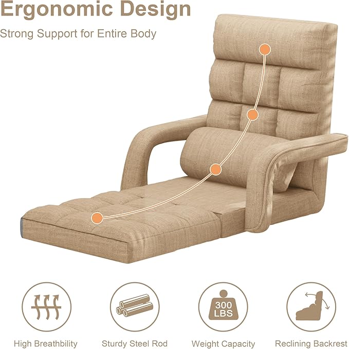 Floor Gaming Chair for Adults, 6-Position Adjustable Chaise Lounge Chair with Meditation Arm, Foldable Lazy Sofa with Pillow, Comfy Chair Indoor for Bedroom Dorm Living Room, Beige
