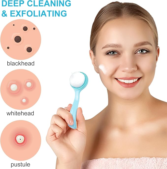 3pcs Silicone Manual Face Scrubber, Soft Face Scrubber Exfoliator, Waterproof Skin Friendly Face Cleansing Brush for Blackheads Whiteheads Makeup Residues Removal- Blue