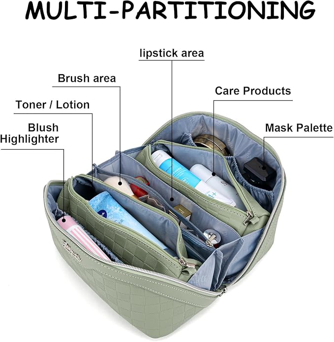 BOYATU Travel Makeup Bag Organizer Cosmetic Bag: 3 Pcs Set Make up Bags for Women with Handle - Waterproof Vegan Leather Toiletry Bags Travel Essentials Pouch with Compartments (C-06-Green)