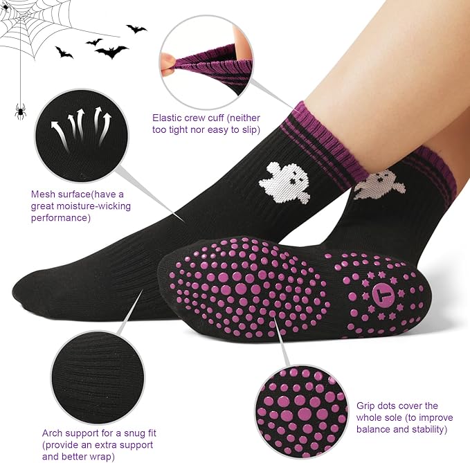 Toes Home Pilates Socks for Women with Non Slip Grippers, Yoga Crew Socks for Barre Hospital Sticky Slipper Socks 4 Pairs