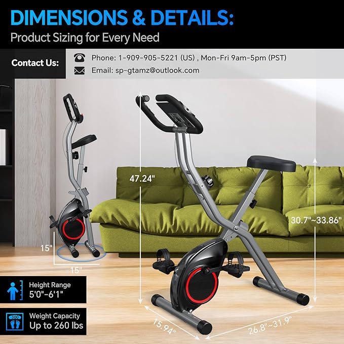 Foldable Exercise Bike for Small Apartments, Stationary Bikes for Home, Indoor Portable Cycling Bike with 16-Level Magnetic Resistance, 260LBS Capacity, 5.5 LBS Flywheel, Designed for Small Space Workout 816