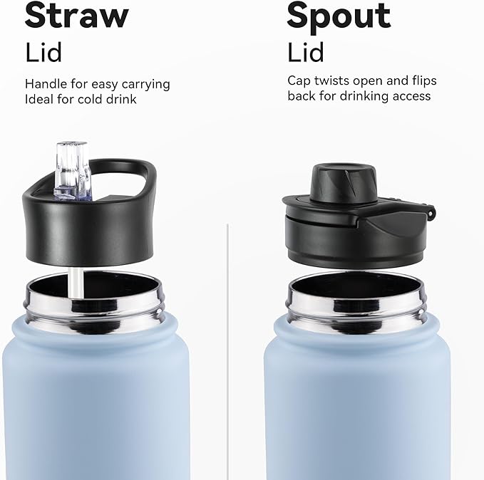 16 oz Insulated Water Bottle with Straw Lids, Stainless Steel Kids Water Bottles for School, Double Wall Vacuum Metal Water Bottle with Straw & Wide Mouth Lid, Light Blue 4 Pack