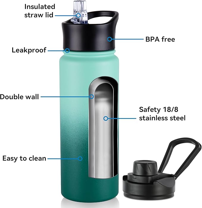 24oz Insulated Water Bottle with Straw Lid, Stainless Steel Metal Water Bottle with Straw & Wide Mouth Lid, Double Wall Vacuum Water Bottle for Hiking Camping, Gradient Green 1 Pack
