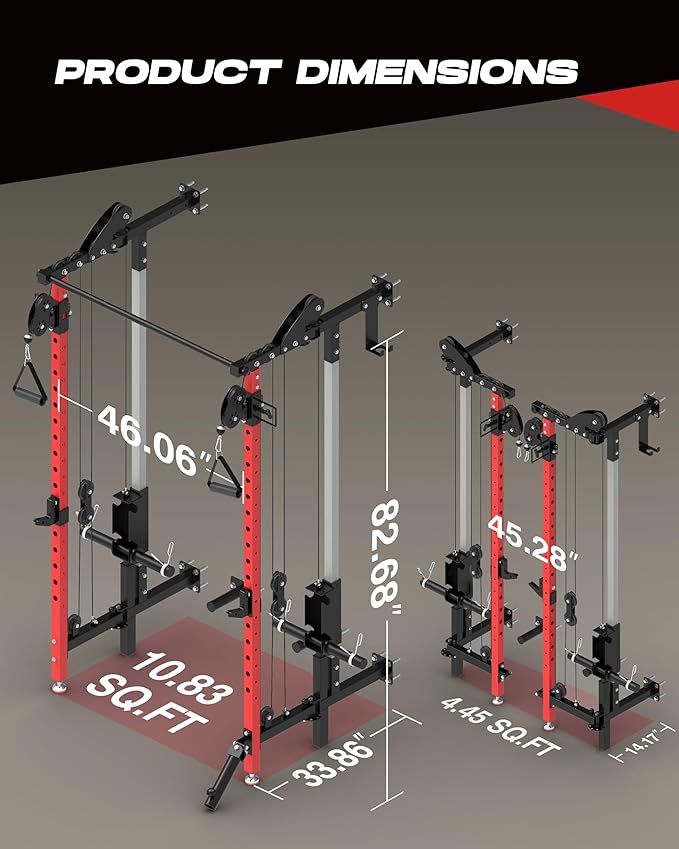 Folding Power Rack, Wall Mounted Squat Rack with Dual Independent Pulley System, Multi-Function Power Cage with 5 Adjustable Function Modes, Power Rack Trainer for Space Saving Home Gym