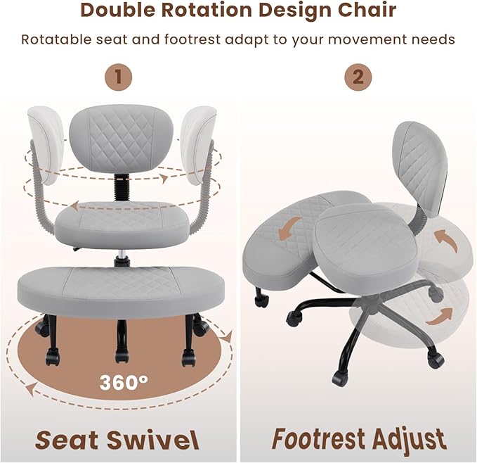 Cross Legged Office Chair with Wheels, Wide Criss Cross Kneeling Home Office Desk Chairs with Back Support, Ergonomic Adjustable Height ADHD Stool with Rotating Footrest for Yoga Meditation