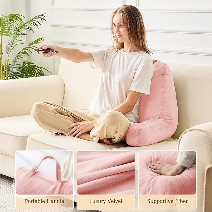 Sasttie Reading Pillow, Velvet Back Pillow for Bed Sitting Up, Adult Back-Rest Support Cushion with Arms for Sit Up on Couch, Sofa, and Floor, Dorm Essentials, Reading Accessories, Peach