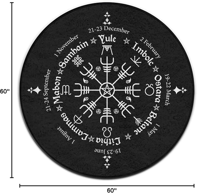Large Home Decor Mat, Soft Round Yoga Carpet, Non-Slip Machine Washable Home Office Circle Rug Compatible with Norse Viking Vegvisir Compass Goth Pentagram