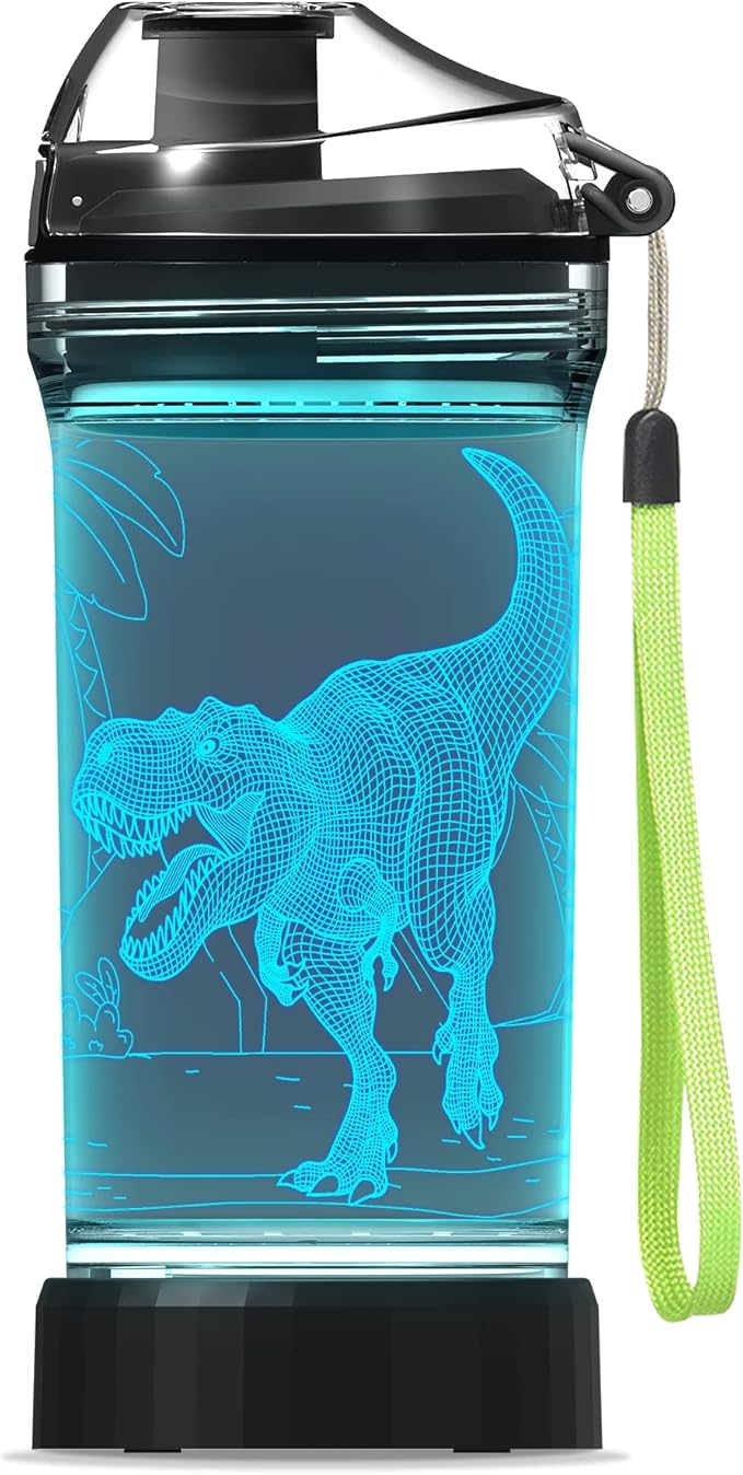 Lightzz Dinosaur Water Bottle, Dinosaur Toys for Kids 5-7 8-12 with 3D Glowing Light, 14 OZ Tritan BPA Free Cup, Dinosaur Gifts for Boys School Kid Child Holiday Camping Picnic