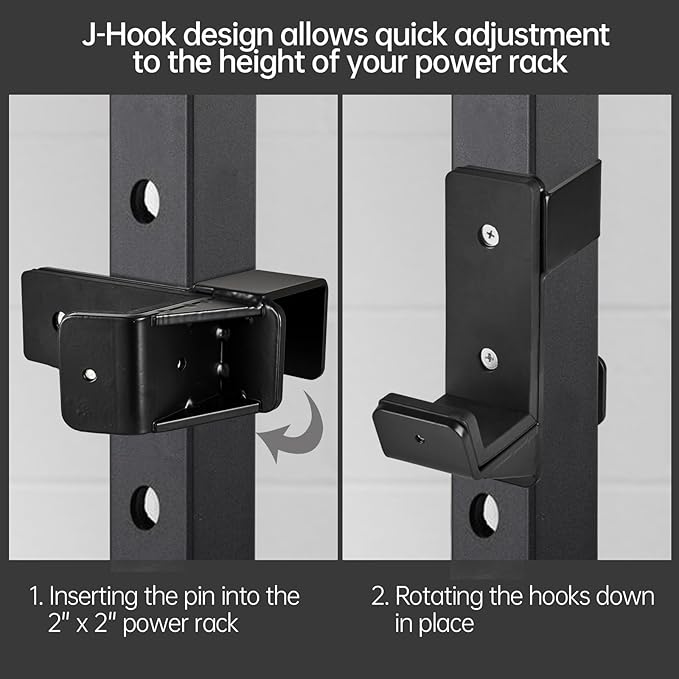 J Hooks for 2" x 2" Power Rack, Rubber Pad J-Hook for Power Cage, Bottom Reinforced Steel J Cups for Squat Rack, Heavy Duty Barbell Holder, Black