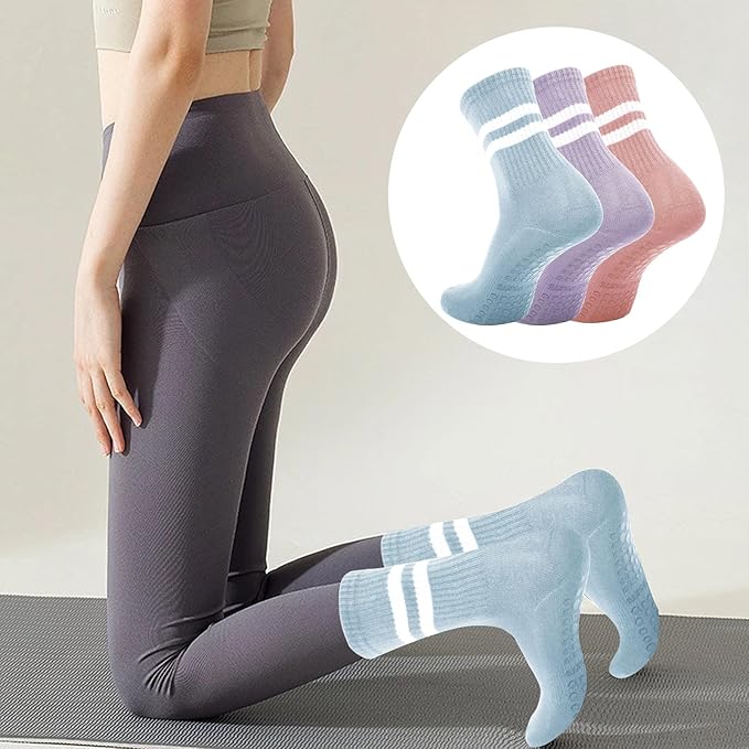3 Pairs Non Slip Yoga Socks for Women Anti-skid Long Socks for Yoga, Barre, Ballet, Dance, Barefoot Workout Gym