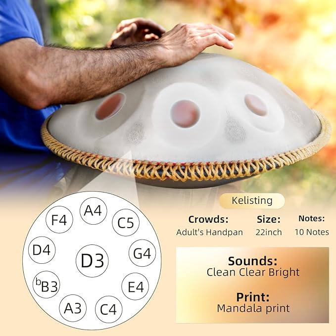 Handpan Drum,22inch 10 Sounds D Minor Silver Print 432hz Handpan,Adult's Steel Hand Pan Instrument,Sounds Clean Clear Ethereal